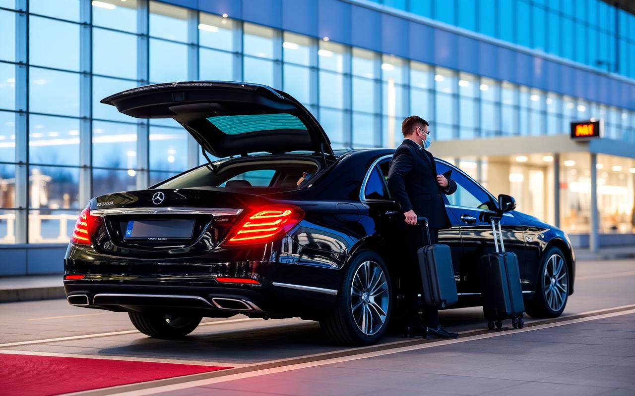 Black sedan at an airport terminal curbside with luggage being loaded