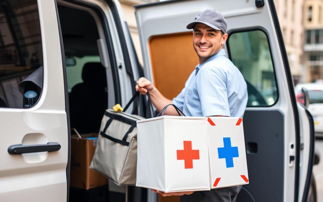 Courier loading insulated food and medical supply packages into a delivery van