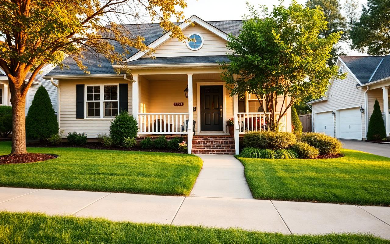 Suburban family home with a well-kept lawn and front porch